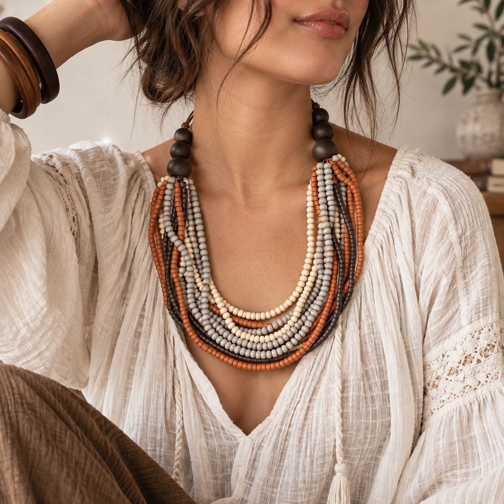 Bohemian Multi Strand Wood Bead Statement Necklace and Earring Set Earth Tones